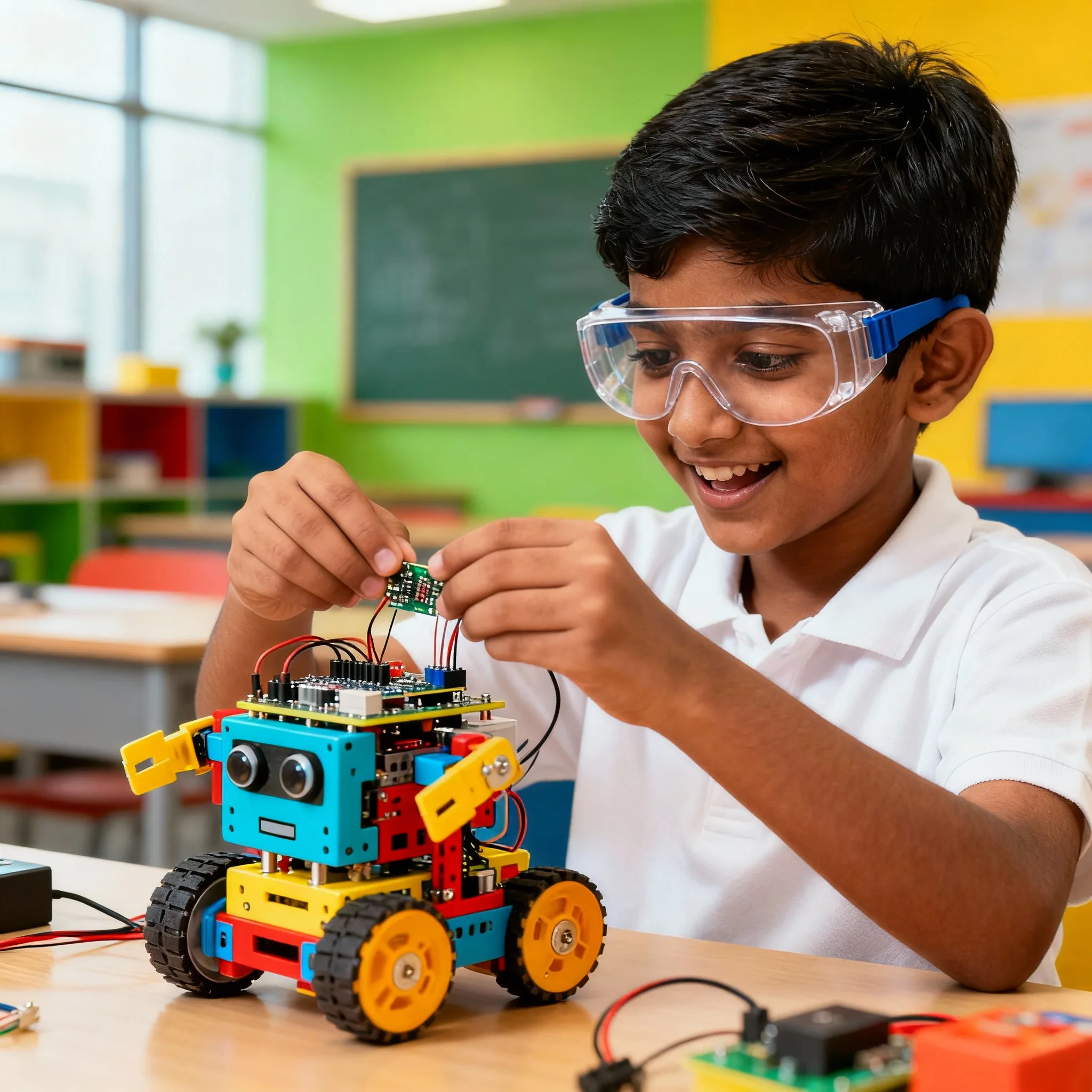 Student building a robotics project